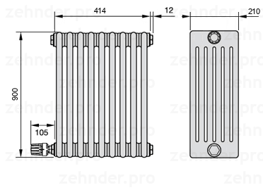 Схема (чертеж) Радиатор Zehnder Charleston 6090/9 №V003 Белый глянцевый RAL 9016